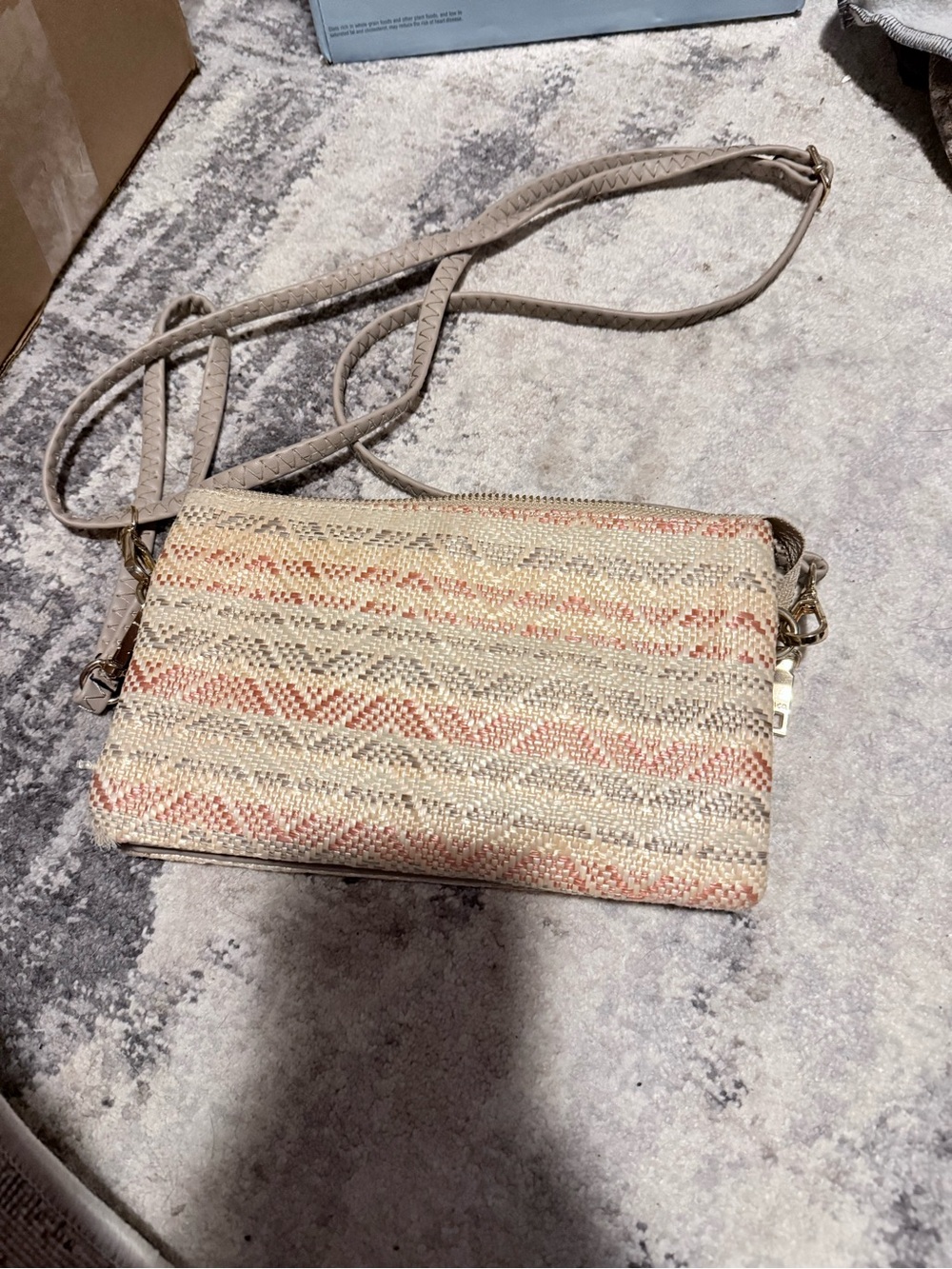 Woven Crossbody Bag in Beige with Coral Stripes - Women